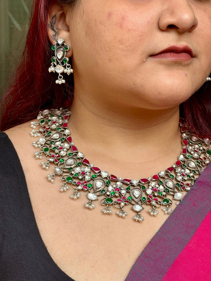 Side view of Nakshatra Necklace Set in pure silver with handcrafted detailing