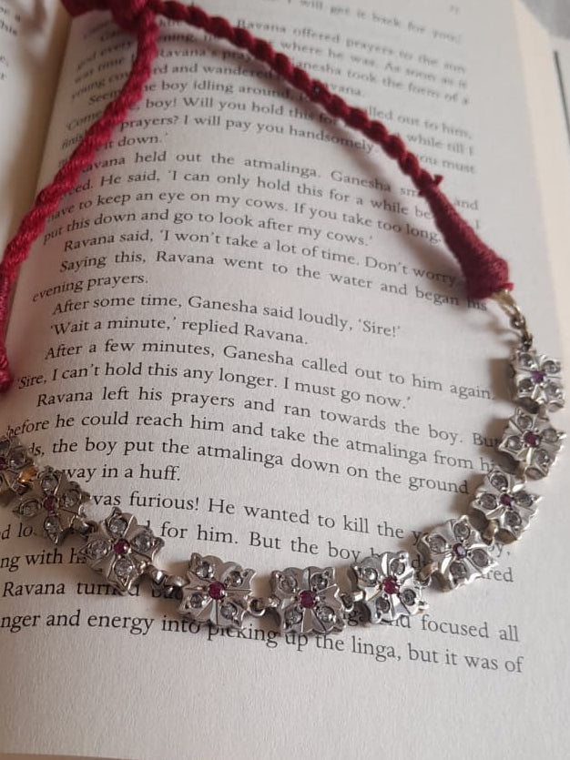 Sadabahaar Jewelry authentic vintage silver jharokha necklace rhinestones red centre stones floral carved squares braided tassel dori collarbone heirloom