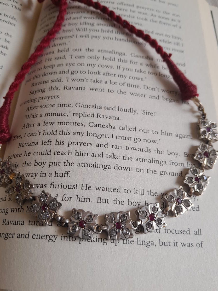 Sadabahaar Jewelry authentic vintage silver jharokha necklace rhinestones red centre stones floral carved squares braided tassel dori collarbone heirloom