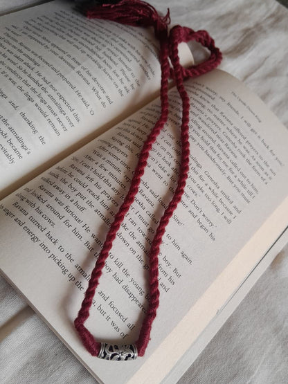 Sadabahaar Jewelry 92.5 hallmark silver chitai bead pendant necklace flute iktara inspired cylindrical curved maroon thread tassel minimalist daily wear