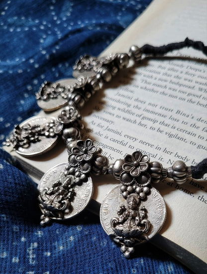 Side view of Indira Vintage Necklace in pure silver with vintage detailing