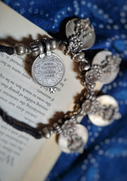 Side view of Indira Vintage Necklace in pure silver with vintage detailing