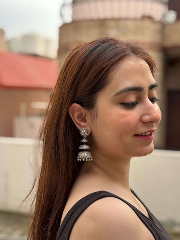 Ithalaati Jhumkas in pure silver with handcrafted detailing