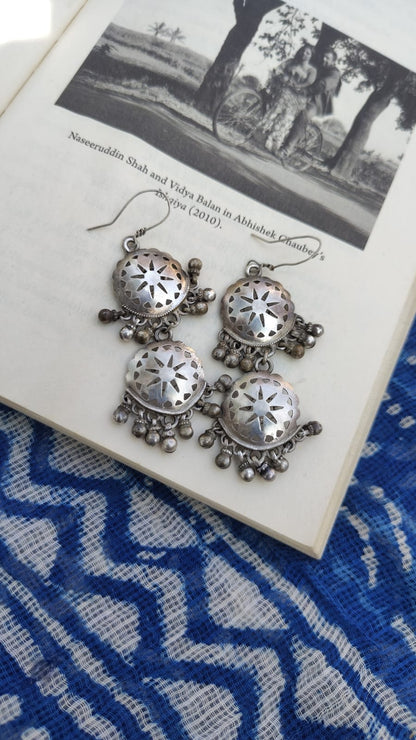 Sadabahaar Jewelry authentic vintage silver double layered chilai cutwork floral ghungroo earrings lightweight heirloom