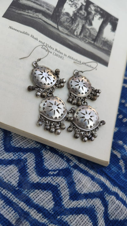 Sadabahaar Jewelry authentic vintage silver double layered chilai cutwork floral ghungroo earrings lightweight heirloom - side view