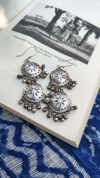Sadabahaar Jewelry authentic vintage silver double layered chilai cutwork floral ghungroo earrings lightweight heirloom - top view