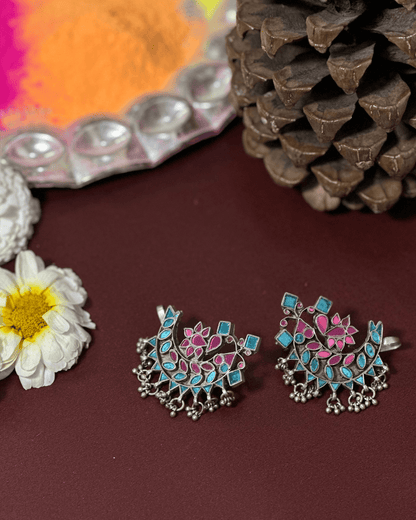 Side view of Jalpari Earcuffs in pure silver with handcrafted detailing