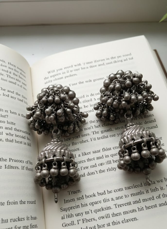 Vintage ghungroo jhumka earrings in antique silver with pushback stud