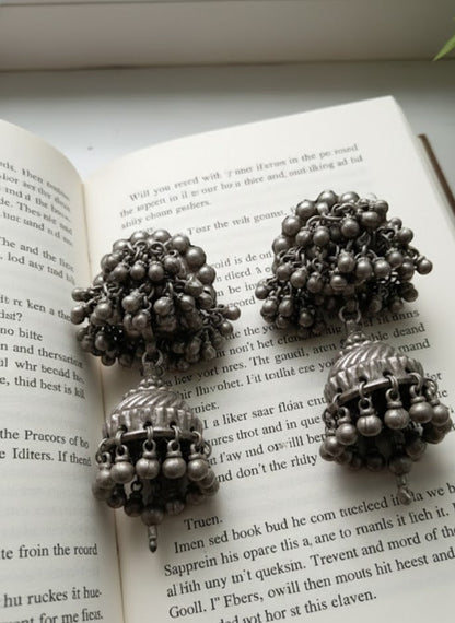 Vintage ghungroo jhumka earrings in antique silver with pushback stud