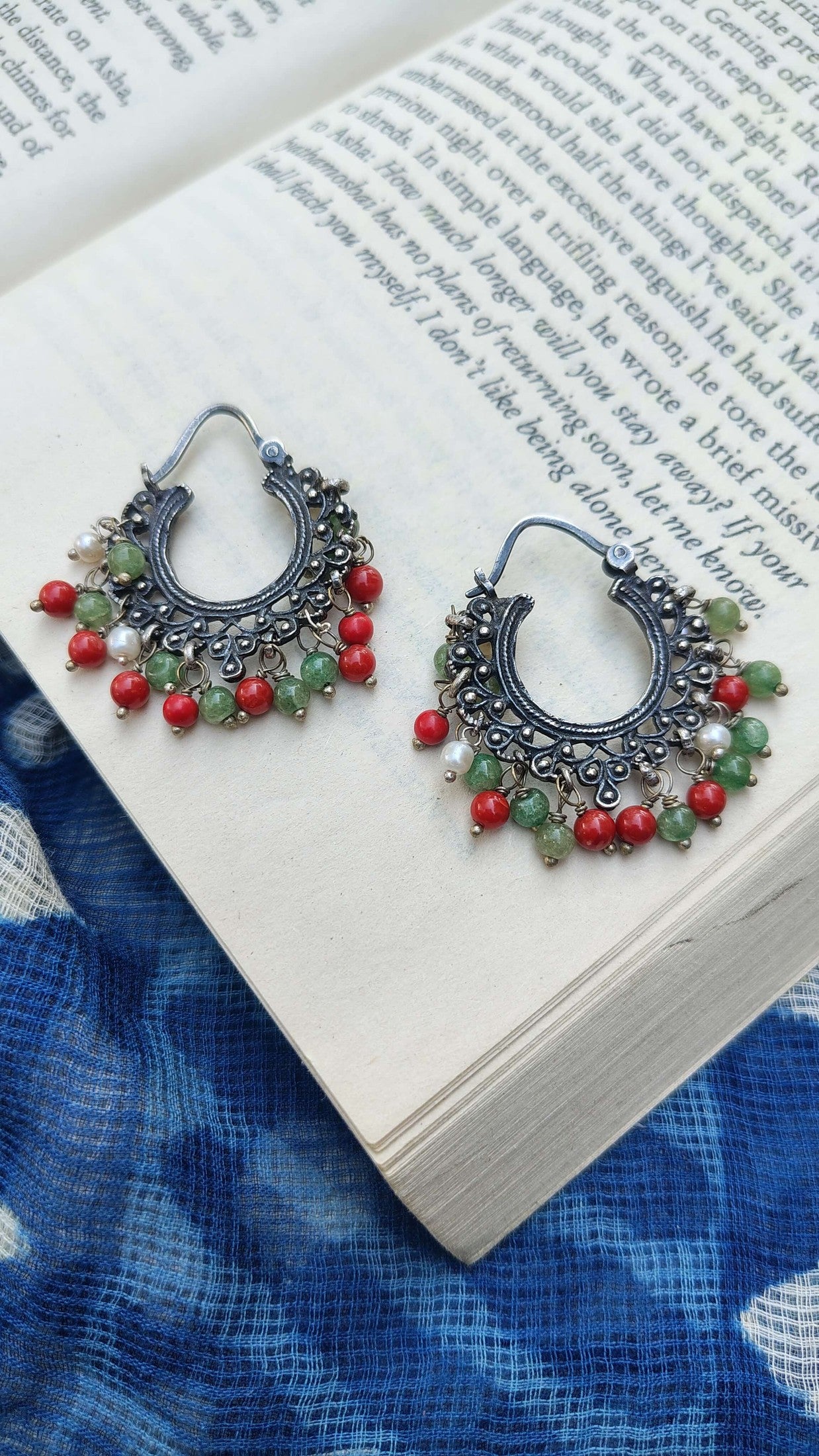 Sadabahaar Jewelry Authentic Vintage Silver Hoop Earrings with Coral, Pearl and Green Quartz Gemstones for Women - close up