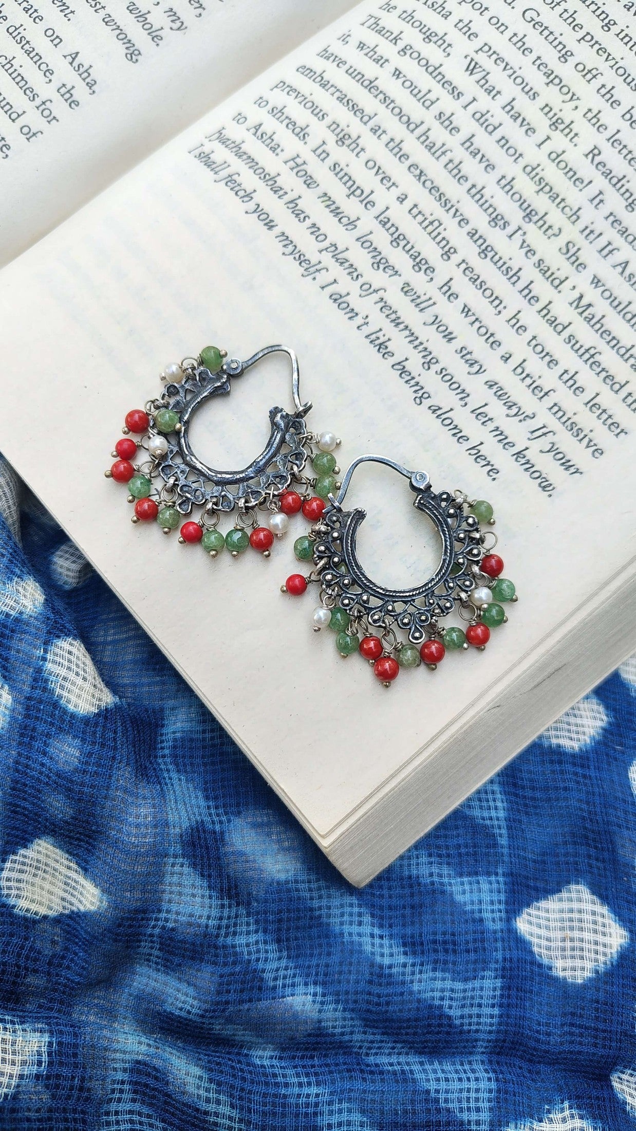 Sadabahaar Jewelry Authentic Vintage Silver Hoop Earrings with Coral, Pearl and Green Quartz Gemstones for Women - front view