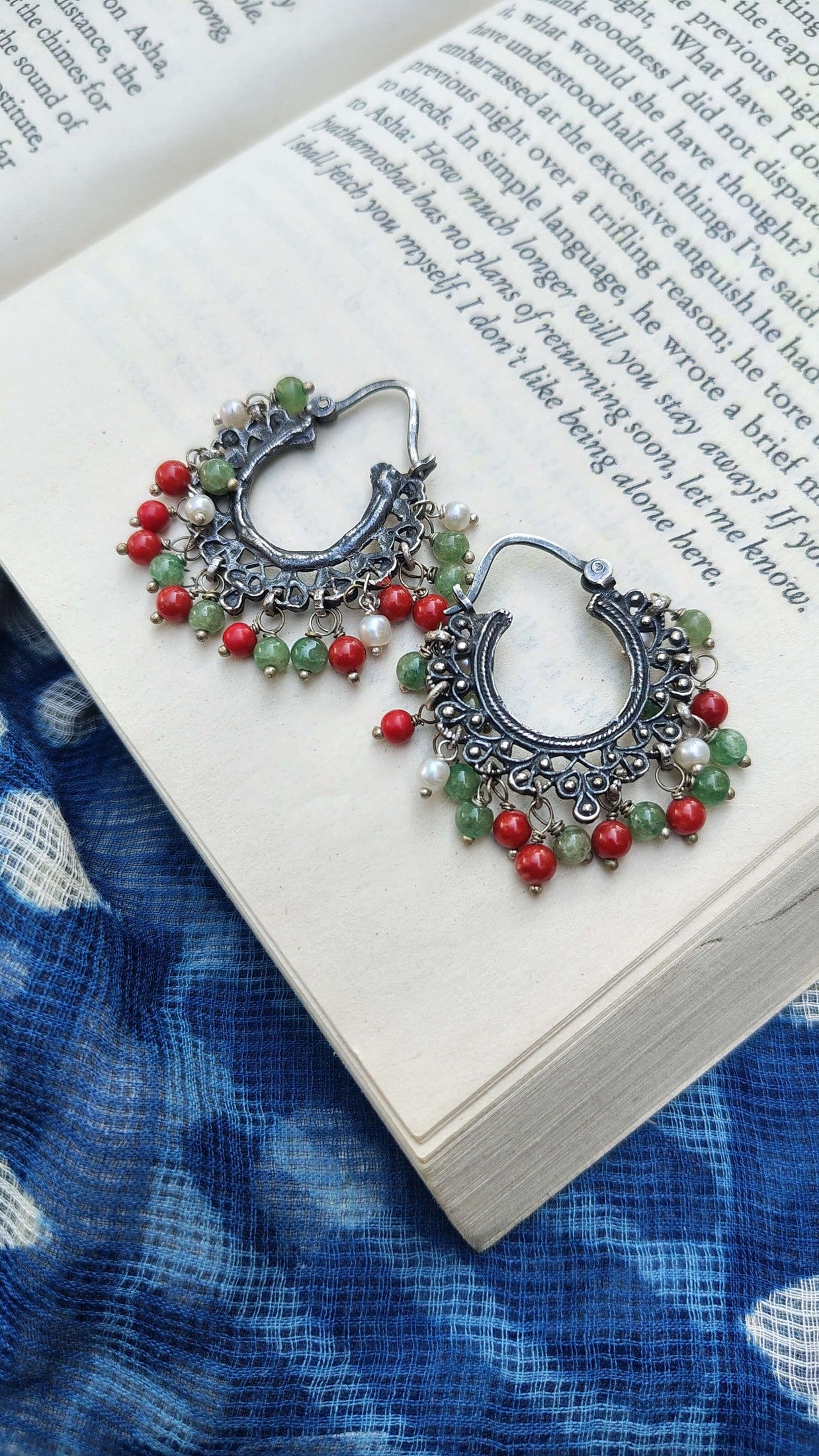 Sadabahaar Jewelry Authentic Vintage Silver Hoop Earrings with Coral, Pearl and Green Quartz Gemstones for Women - top view