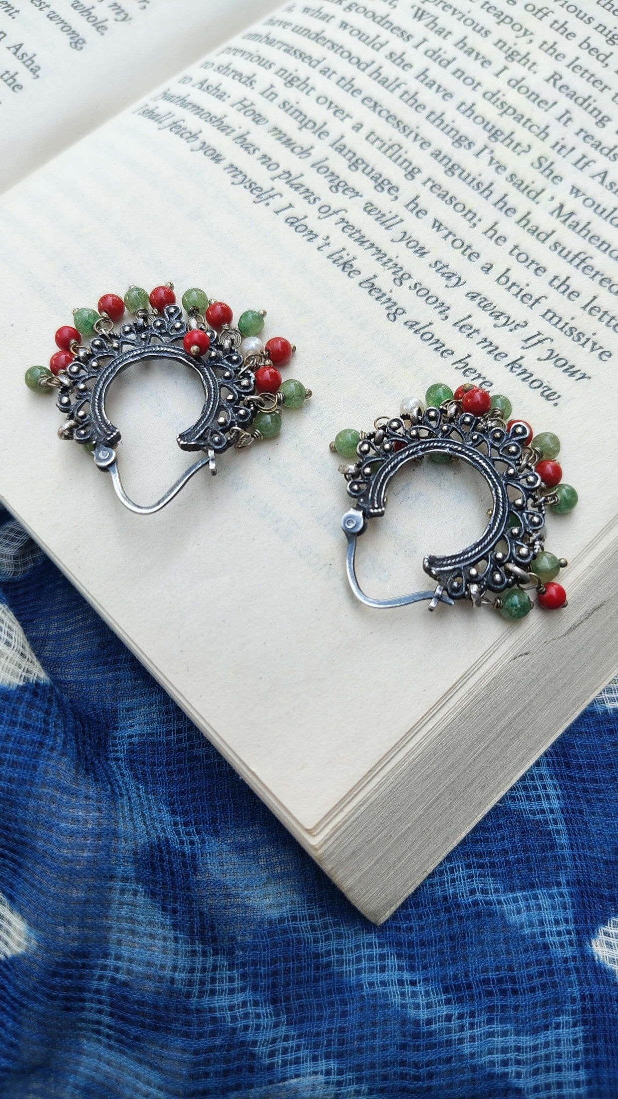 Sadabahaar Jewelry Authentic Vintage Silver Hoop Earrings with Coral, Pearl and Green Quartz Gemstones for Women