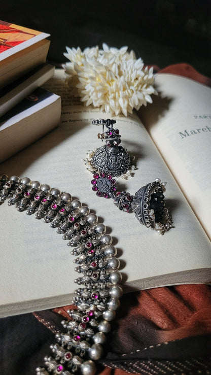 Side view of Kaalratri Jhumka in pure silver with handcrafted detailing