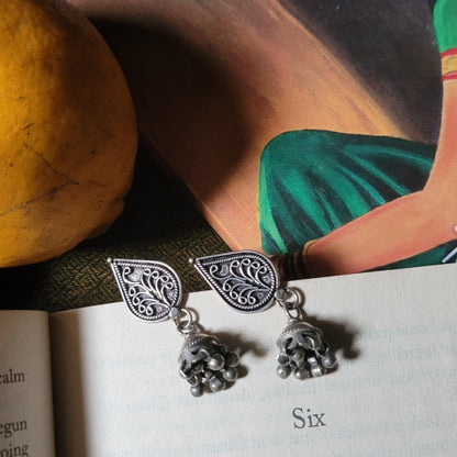 Side view of Kalki Jhumka in pure silver with handcrafted detailing