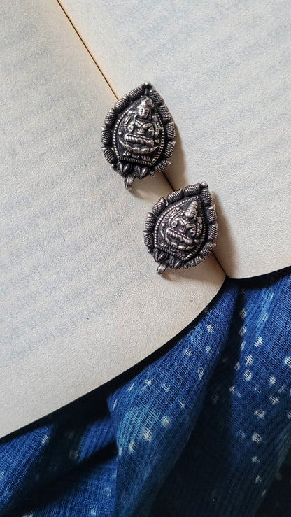 Side view of Karuna Studs in pure silver with handcrafted detailing