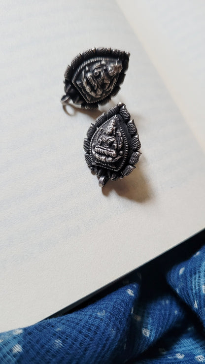 Side view of Karuna Studs in pure silver with handcrafted detailing