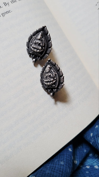 Side view of Karuna Studs in pure silver with handcrafted detailing