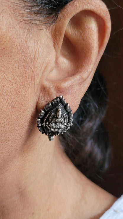 Side view of Karuna Studs in pure silver with handcrafted detailing
