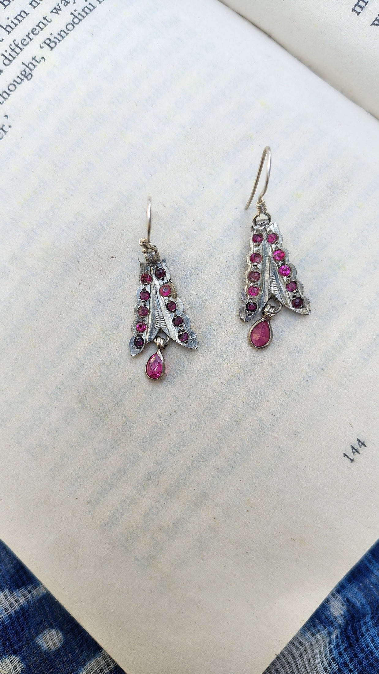 Vintage silver earrings with pink stones - top view | Sadabahaar Jewelry 