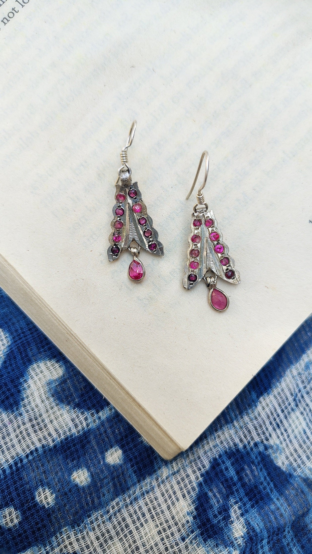 Vintage silver earrings with pink stones - side view | Sadabahaar Jewelry
