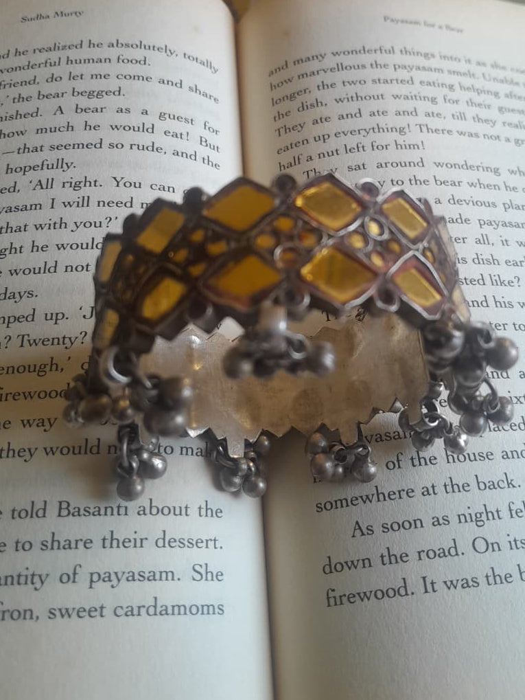 Sadabahaar Jewelry authentic vintage silver katesari kada yellow glass kite floral motifs ghungroo clusters openable hinge size 2.4 heirloom
