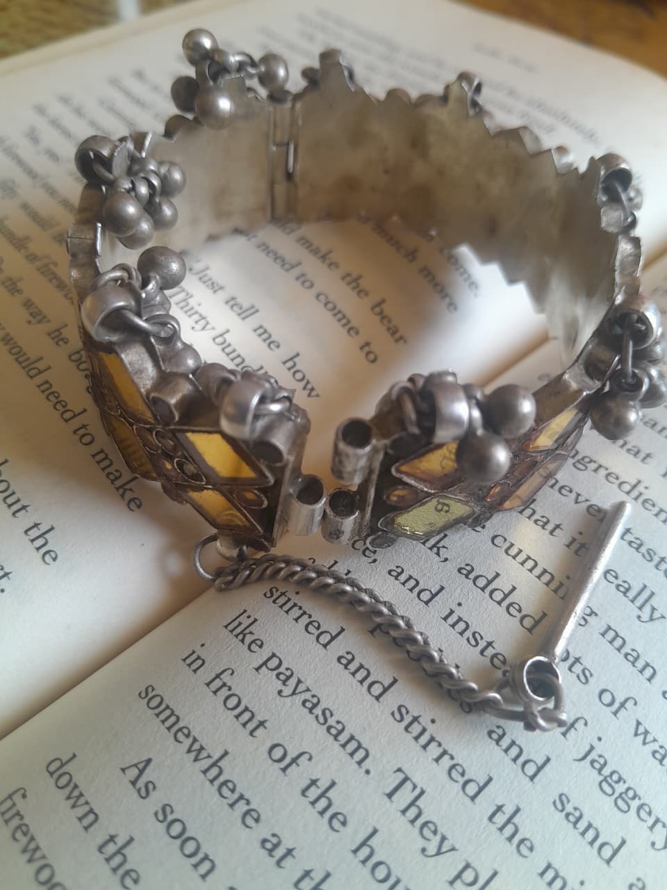 Sadabahaar Jewelry authentic vintage silver katesari kada yellow glass kite floral motifs ghungroo clusters openable hinge size 2.4 heirloom