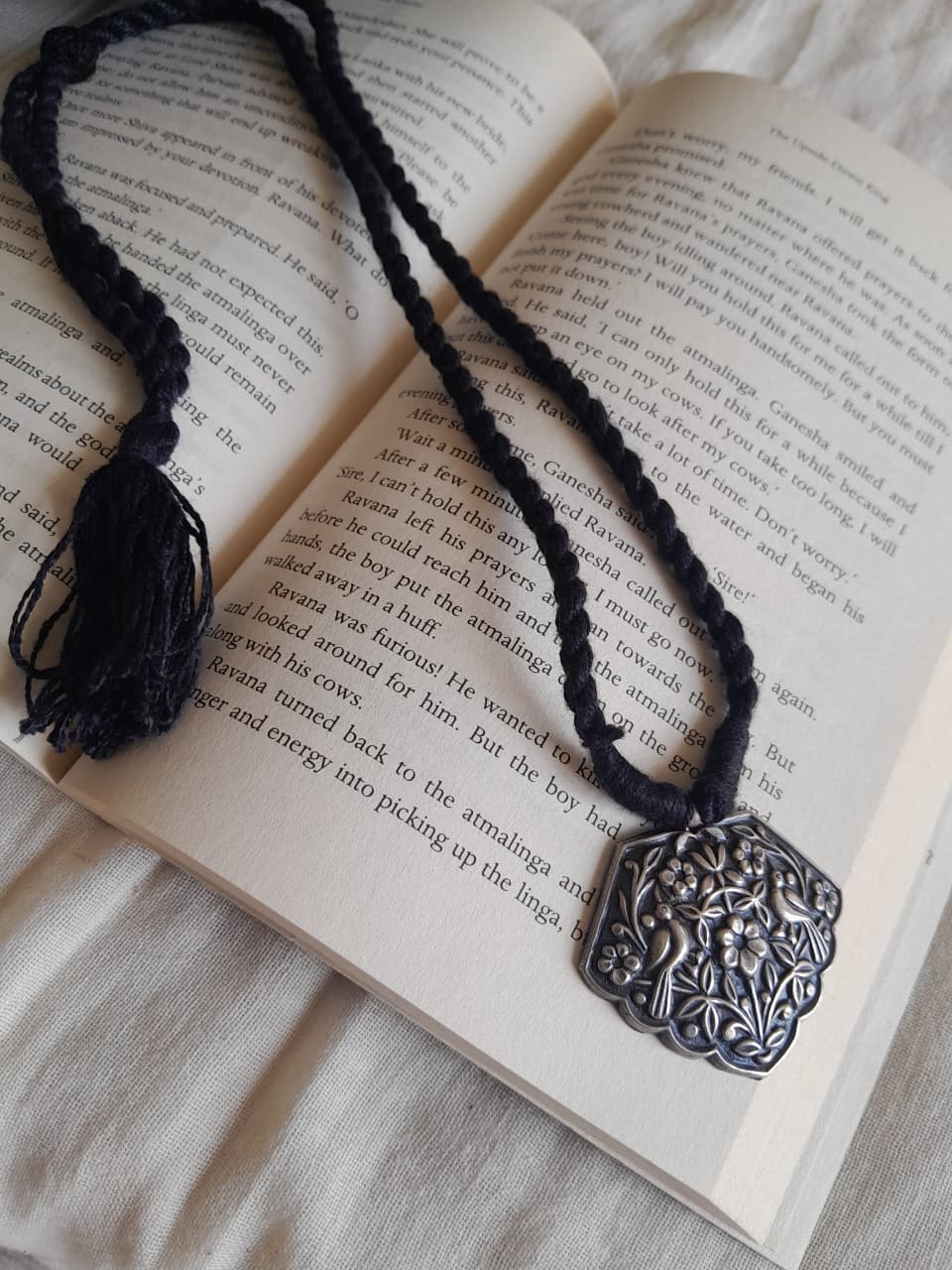 Sadabahaar Jewelry 92.5 hallmark silver embossed bird floral pendant necklace scalloped edge black thread tassel minimalist daily wear