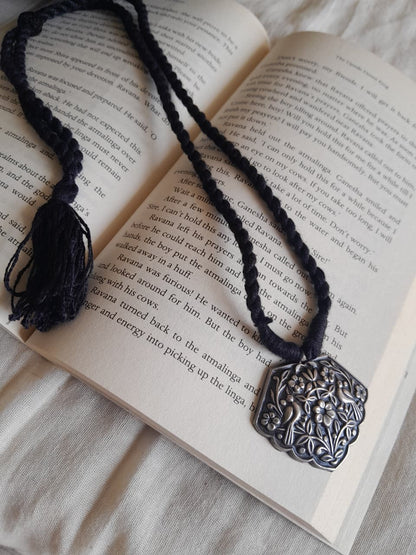 Sadabahaar Jewelry 92.5 hallmark silver embossed bird floral pendant necklace scalloped edge black thread tassel minimalist daily wear