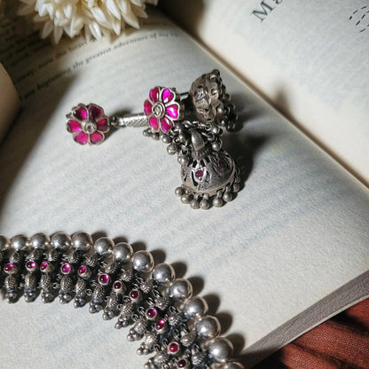 Side view of Lajja Vintage Jhumka in pure silver with vintage detailing