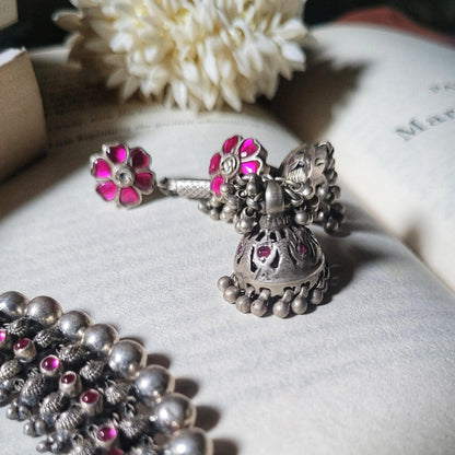 Side view of Lajja Vintage Jhumka in pure silver with vintage detailing