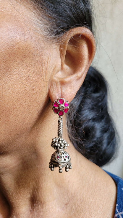 Side view of Lajja Vintage Jhumka in pure silver with vintage detailing
