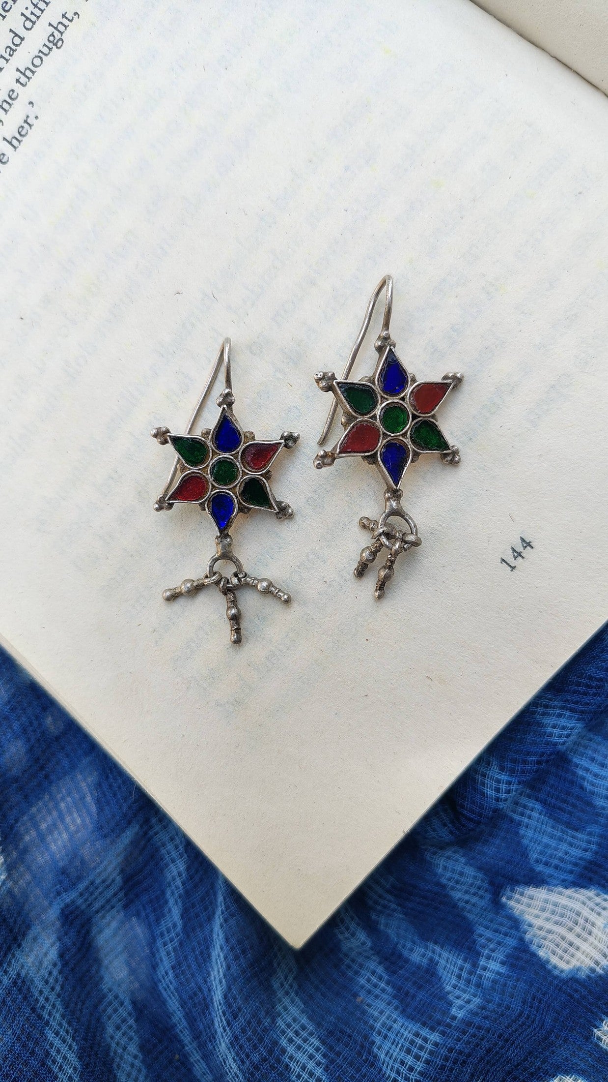 Sadabahaar Jewelry Authentic Pure Silver Floral Earrings with Rainbow Hand Cut Glass and Long Ghungroo Danglers for Women - top view