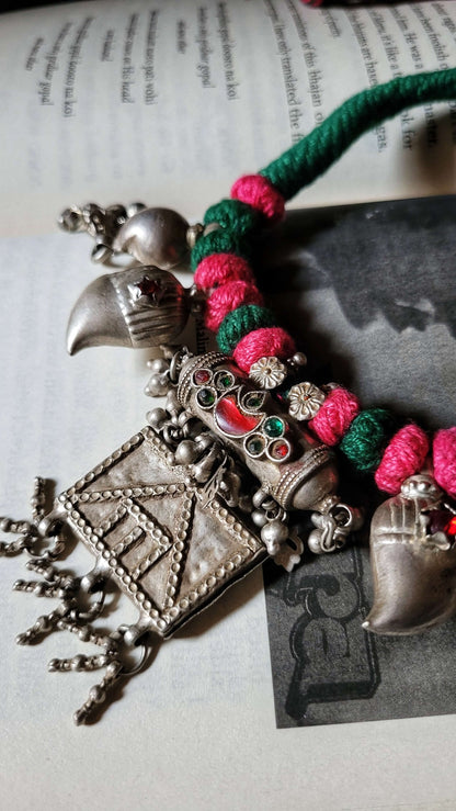 Side view of Lutf Vintage Necklace in pure silver with vintage detailing