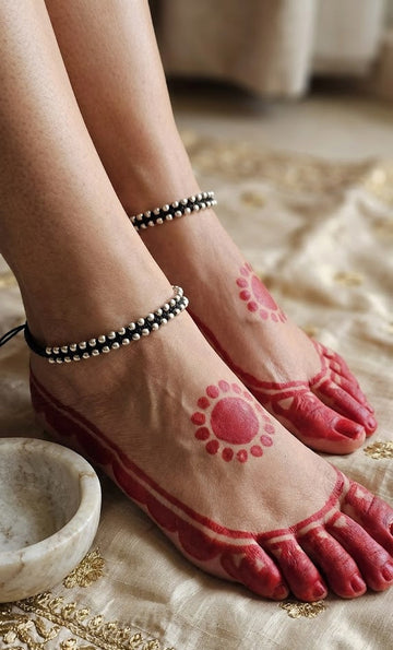 Sadabahaar Jewelry Pure Silver Beaded Anklet with Black Dori for Women