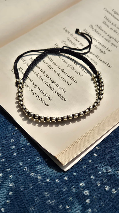 Sadabahaar Jewelry Pure Silver Beaded Anklet with Black Dori for Women - Top View