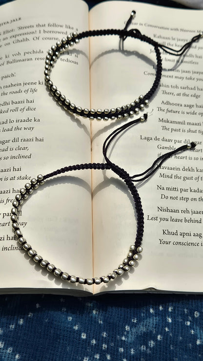 Sadabahaar Jewelry Pure Silver Beaded Anklet with Black Dori for Women - Pair