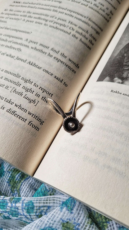 Side view of Malini Vanki Ring in pure silver with handcrafted detailing
