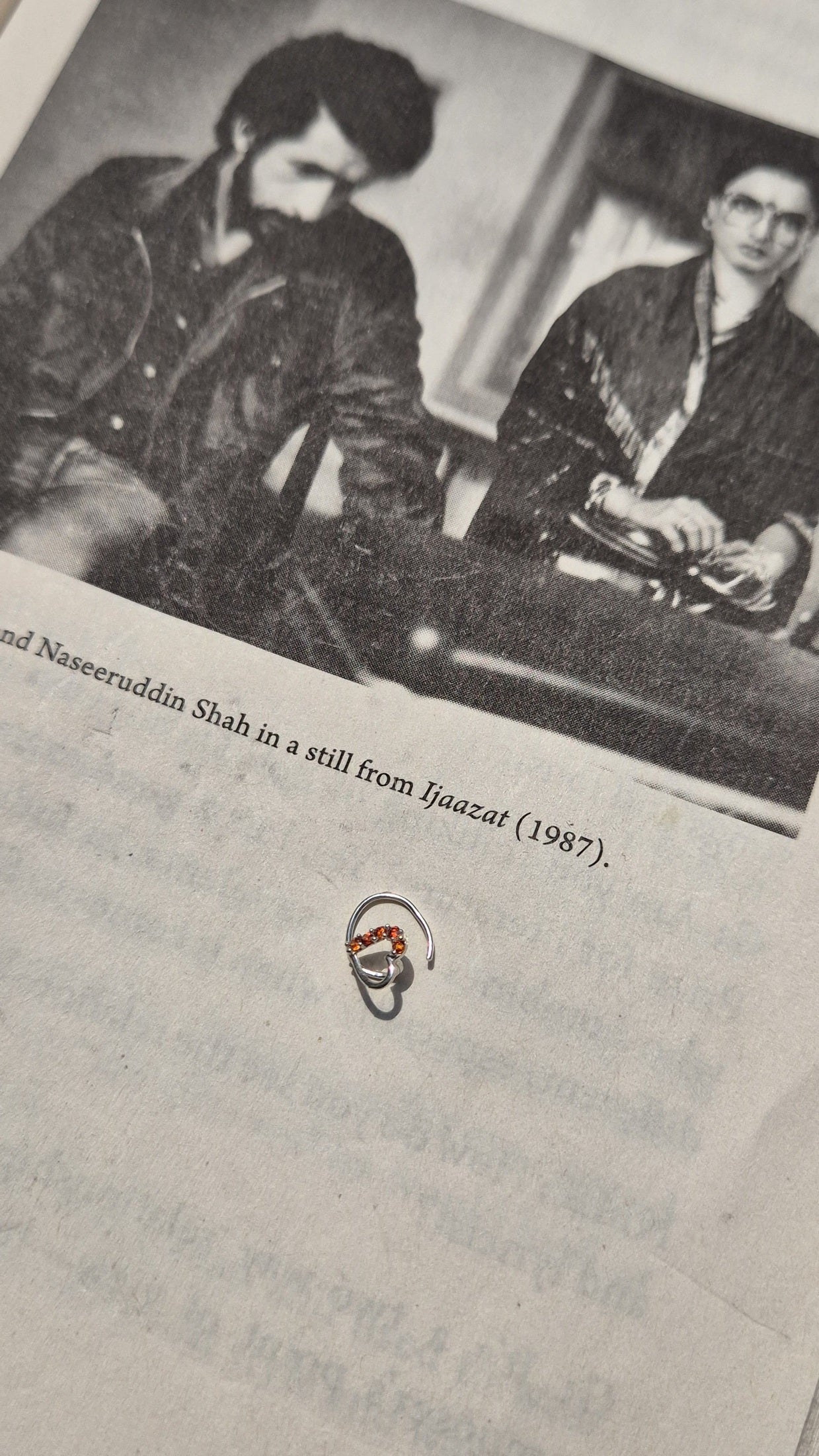 Side view of Maskhara Nose-Pin in pure silver with handcrafted detailing