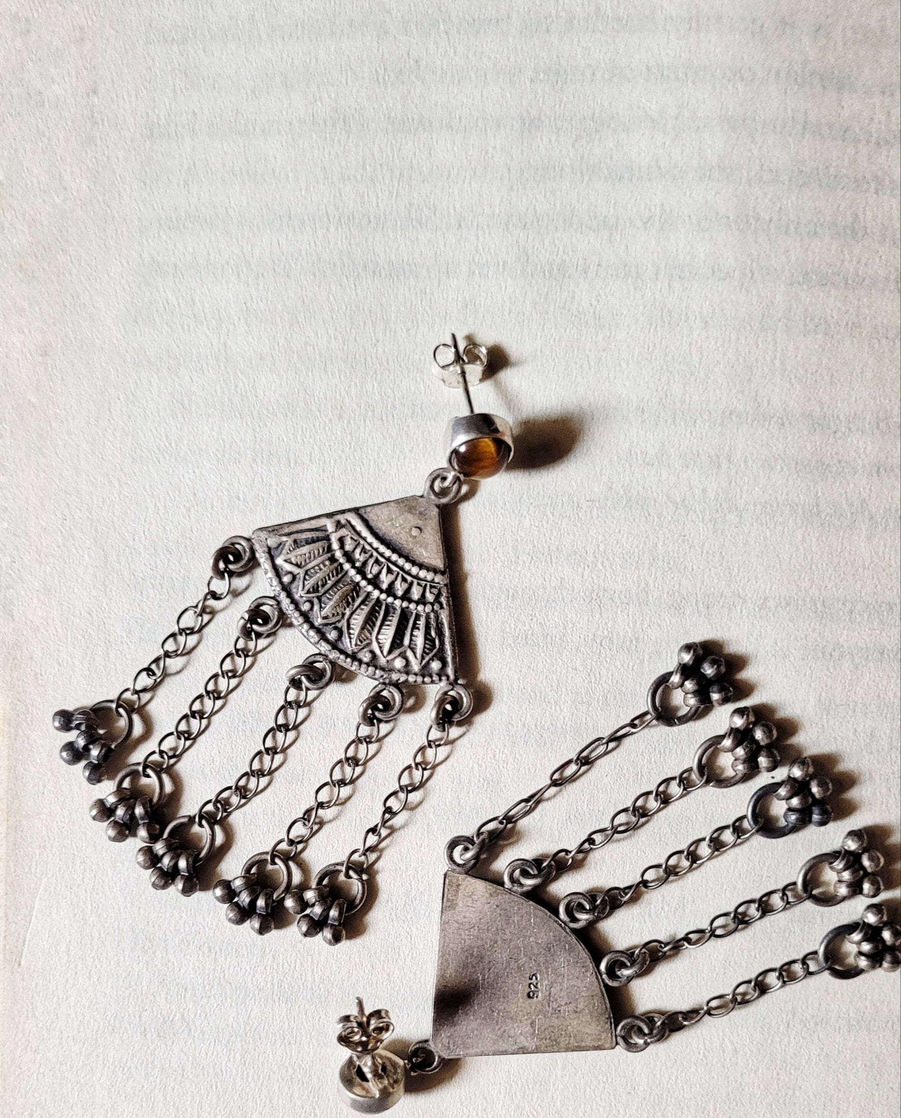 Side view of Matargashti Earrings in pure silver with handcrafted detailing