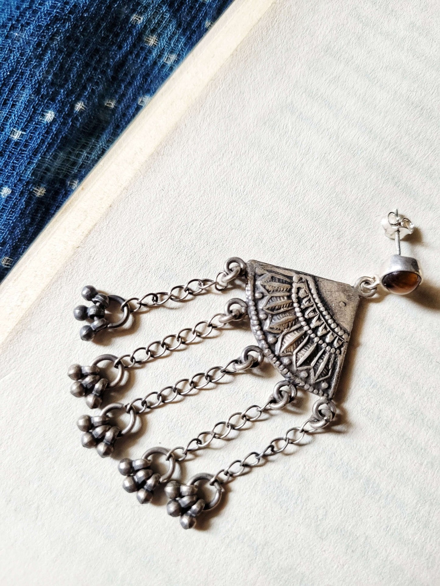 Side view of Matargashti Earrings in pure silver with handcrafted detailing
