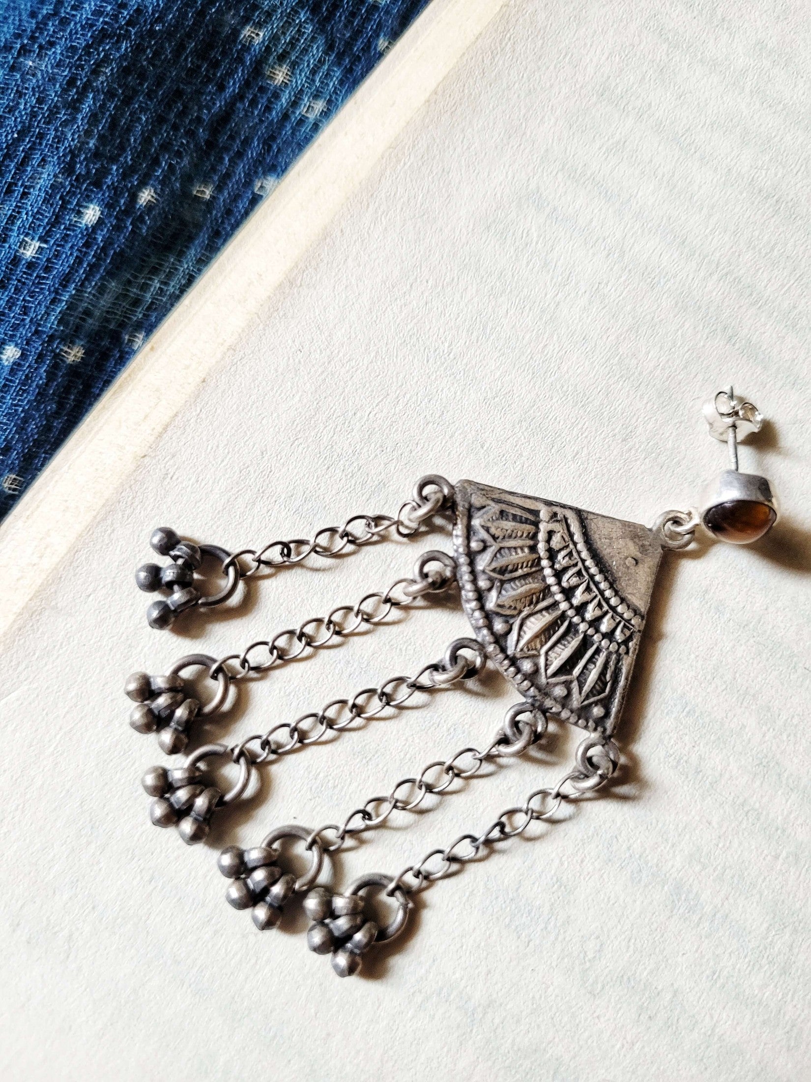 Side view of Matargashti Earrings in pure silver with handcrafted detailing