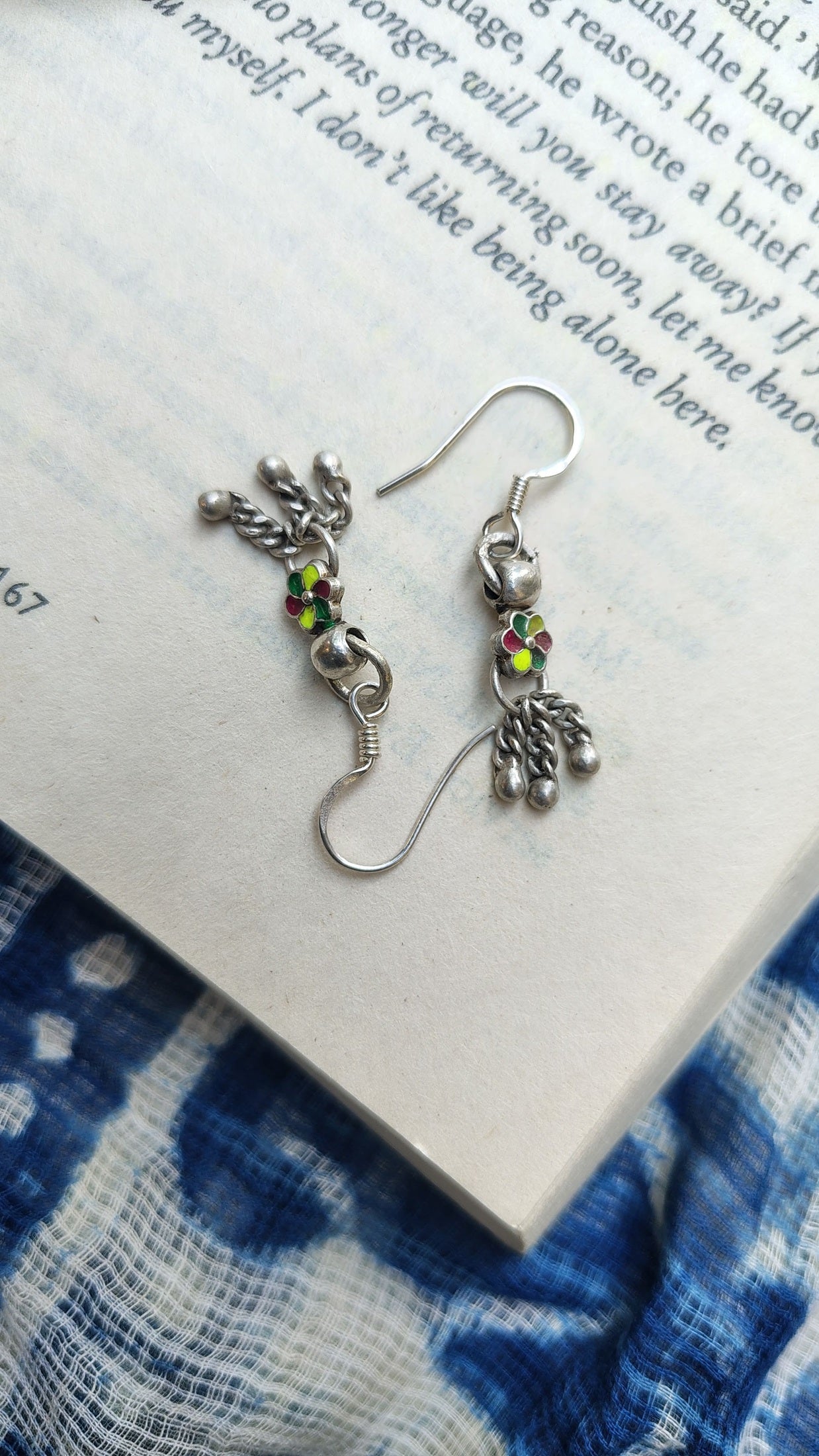 Sadabahaar Jewelry Authentic Vintage Silver Sunflower Inspired Meenakari Earrings with Ghungroos for Women - Top view