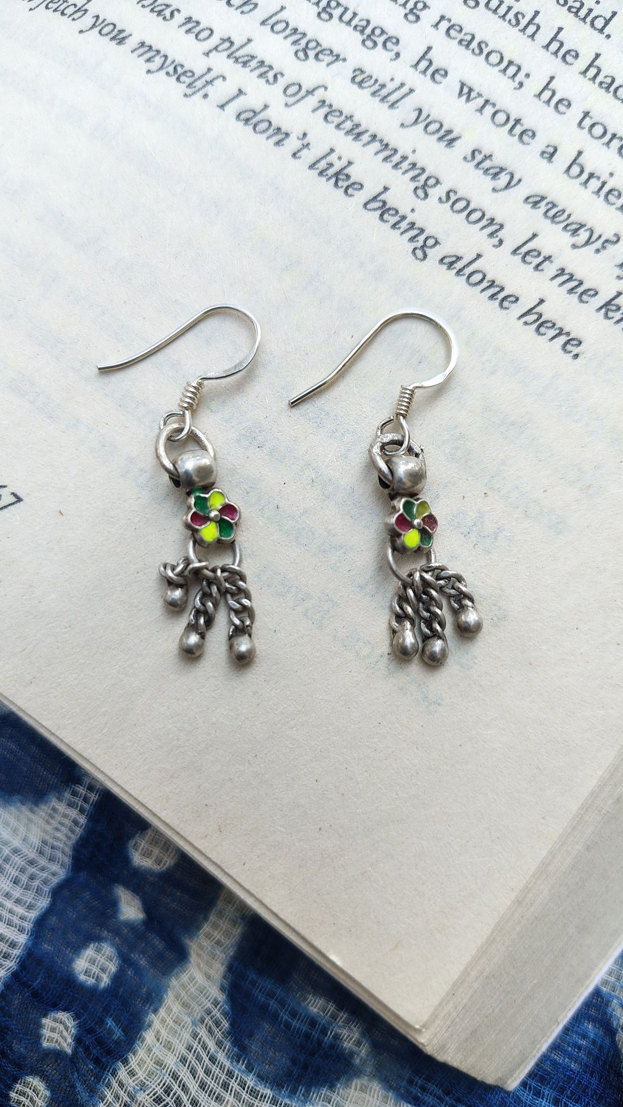 Sadabahaar Jewelry Authentic Vintage Silver Sunflower Inspired Meenakari Earrings with Ghungroos for Women - top view