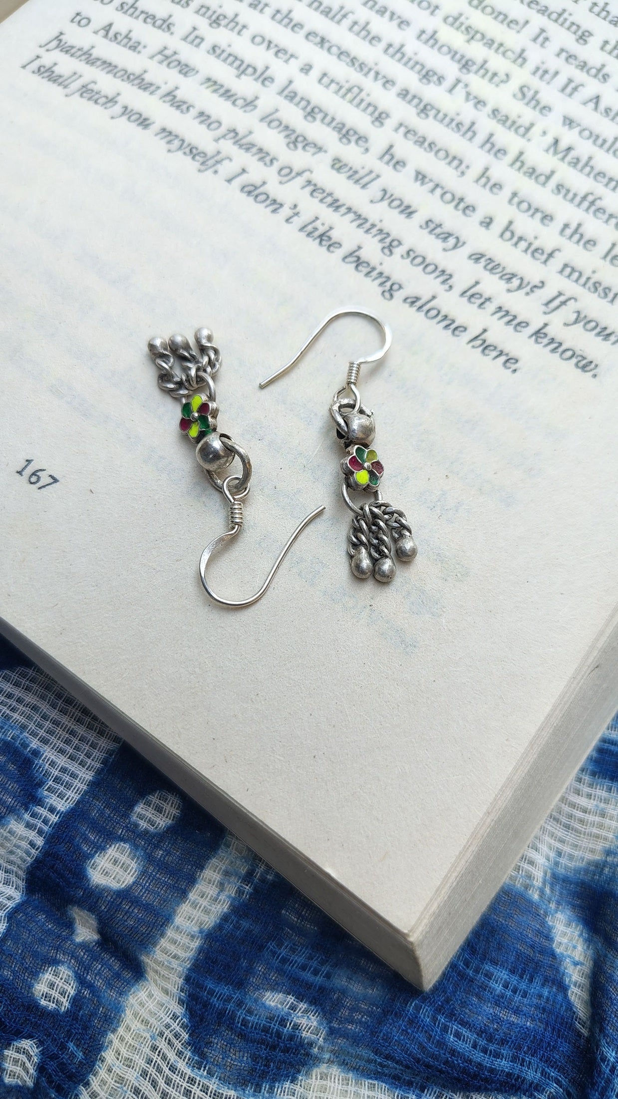 Sadabahaar Jewelry Authentic Vintage Silver Sunflower Inspired Meenakari Earrings with Ghungroos for Women - side view