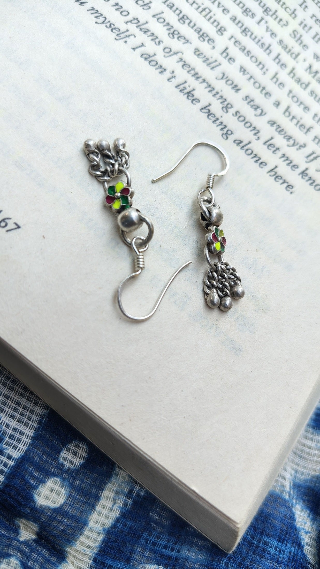 Sadabahaar Jewelry Authentic Vintage Silver Sunflower Inspired Meenakari Earrings with Ghungroos for Women - Side view