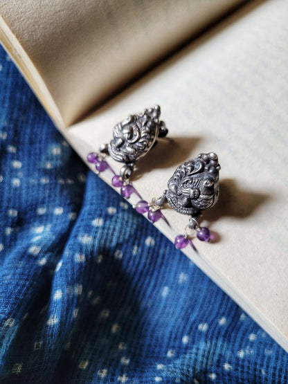 Side view of Morni Studs in pure silver with handcrafted detailing