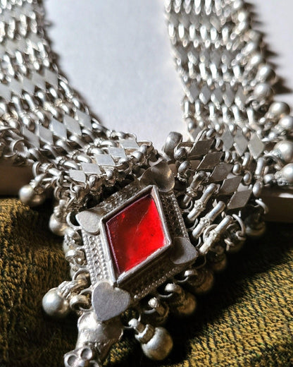 Side view of Muhabbat Vintage Necklace in pure silver with vintage detailing