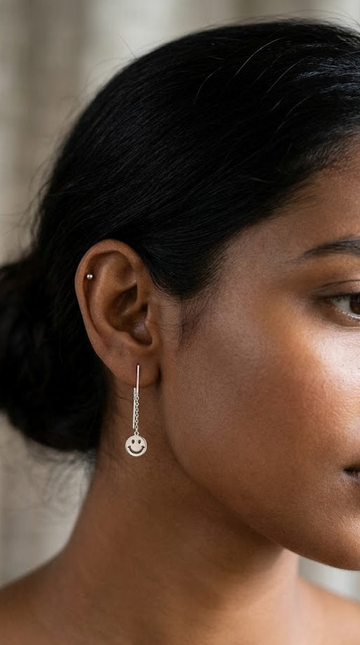 Sadabahaar Jewelry 92.5 hallmark silver sui dhaaga smiley face cut out earrings linear chain cute daily wear happy reminder