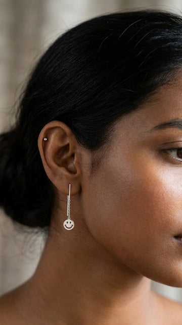 Sadabahaar Jewelry 92.5 hallmark silver sui dhaaga smiley face cut out earrings linear chain cute daily wear happy reminder
